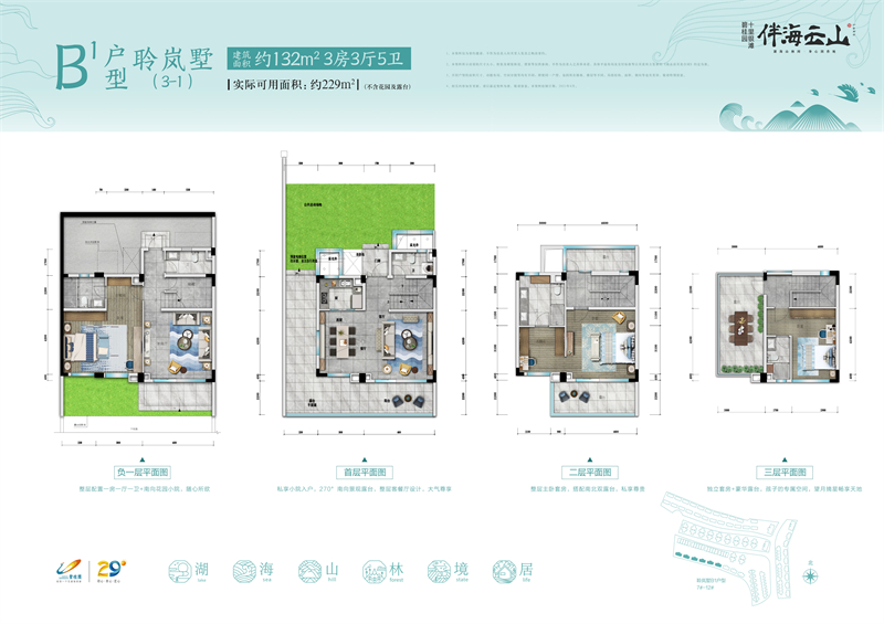 双拼别墅 1 3 2 ㎡ 实用 3 1 2  ㎡（不计花园及